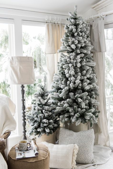 Simple Farmhouse Christmas decor in the sunroom - great cottage style & farmhouse style Christmas decor inspiration! Farmhouse Style Christmas, A White Christmas, Christmas Decor Inspiration, White Christmas Decor, In The Corner, Christmas Room, Farmhouse Christmas Decor, White Christmas Tree, Noel Christmas