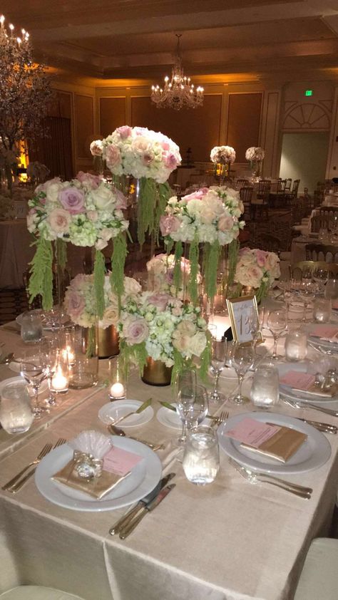 High low centerpieces for a wedding we recently designed and coordinated on! Blush pinks, whites, light green And gold accents. IG: TresMagNora FB:Très Magnifique Productions Pink Green And Gold Quince, Sage Green Quince Table, Princess And The Frog Centerpiece Quince, Light Green Decorations Party, Light Green Quince Decorations, Sage Green And Blush Quinceanera, Sage Green And Light Pink Quinceanera, Sage Green And Blush Pink Quinceanera Theme Decor, Sage Green And Light Pink Wedding Theme