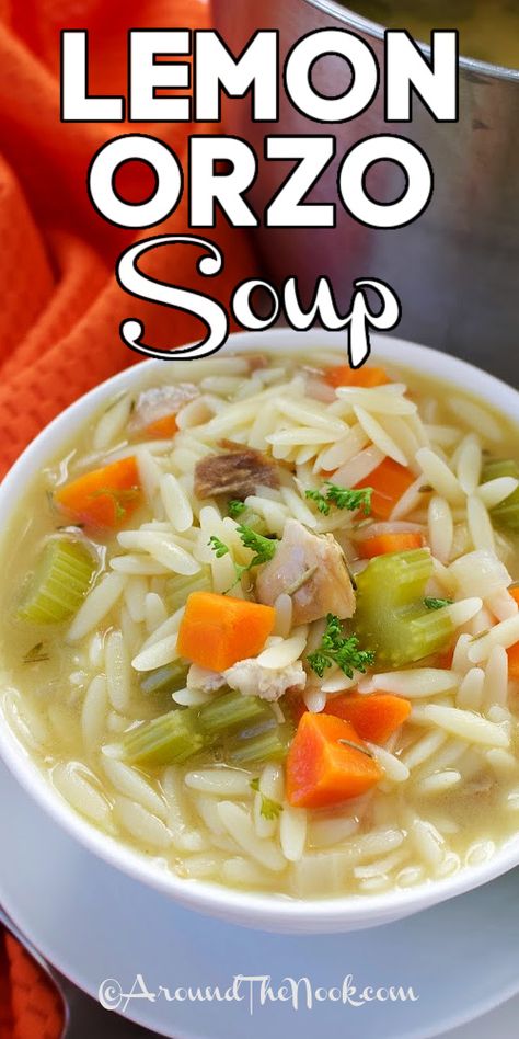 Turkey Lemon Orzo Soup, Lemony Chicken And Orzo Soup, Turkey Orzo Soup, Orzo Recipes Side, Lemon Orzo Soup, Chicken Broth Soup, Orzo Soup Recipes, Lemon Orzo, Orzo Soup