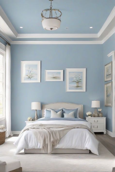 Light Colour Bedroom Paint Colors, Room Colour Design Bedrooms, Blue Interior Palette, Light Blue Paint Bedroom, Blue Wall Interior Design, Blue Color For Bedroom Walls, Sky Blue Room Decor, Wall Paint Colors Bedroom, Bedroom Paint Ideas Blue