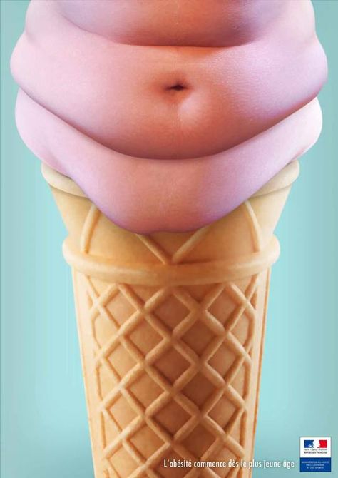 "L'obesite commence des le plus jeune age", in English "Obesity starts at a young age" This brilliant print advertisement was done for the French Ministry of Health, highlighting the awareness on obesity. The concept, illustration, art direction and the copy was done by David Lesage. Ice cream anyone? Guerrilla Marketing, Clever Advertising, 광고 디자인, Publicidad Creativa, Childhood Obesity, Great Ads, Ppt Design, Sugar Scrubs, Guerilla Marketing