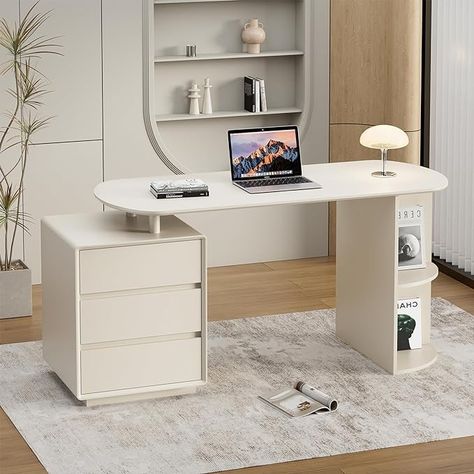 Amazon.com: Qulomvs Computer Desk, 55inch Home Office Desk with Drawers and Storage Shelves, Cream White Desk Modern Simple Style Laptop Desk, Work Study Writing Table Workstation for Home Office : Home & Kitchen Office Desk With Drawers, Computer Desk With Drawers, White Computer Desk, Smart Desk, Desk Modern, Desk Styling, Desk Size, White Desk, Office Makeover