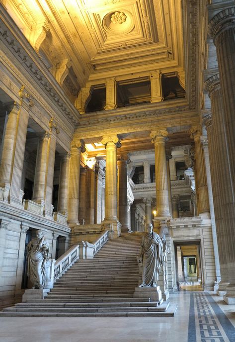 The central portico of the Brussels Palace of Justice, with a pair of statues of Ulpian (left) and Cicero (right) by Belgian sculptor Antoine-Félix Bouré (1831-1883) Brussels, Belgium Palace Stairs, Palace Of Justice, Palace Interior, Parental Guidance, Belgium Travel, European Architecture, Brussels Belgium, Ancient City, Classical Architecture