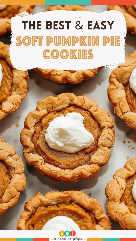 These Soft Pumpkin Pie Cookies are the perfect fall treat! A soft sugar cookie base filled with creamy pumpkin pie filling, all in a cute, handheld form. They’re easy to make and ready in just over an hour. Perfect for holiday gatherings or whenever you're craving those warm, spiced pumpkin flavors. Don’t forget to pin this recipe and give it a try—your family will love it! Pumpkin Pie Thumbprint Cookies, Sugar Cookie Pumpkin Pie Cups, Pumpkin Pie Sugar Cookies, Pumpkin Pie Cookies Recipe, Pumpkin Pie Cookie, Creamy Pumpkin Pie, Soft Sugar Cookie, Pumpkin Pie Cookies, Buttery Sugar Cookies