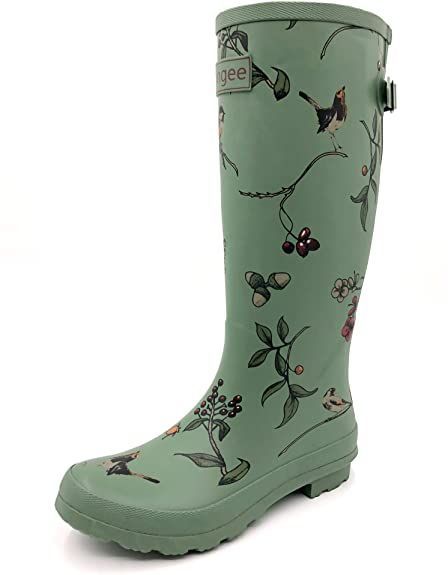 Rongee Women's Rubber Rain Boots Garden Tall Printed with Adjustable Buckle Stylish Rain Boots, Oxford Bags, Bird Tree, Wide Calf, Love Design, Bagpack, Soft Rubber, Black And Navy, Rubber Rain Boots