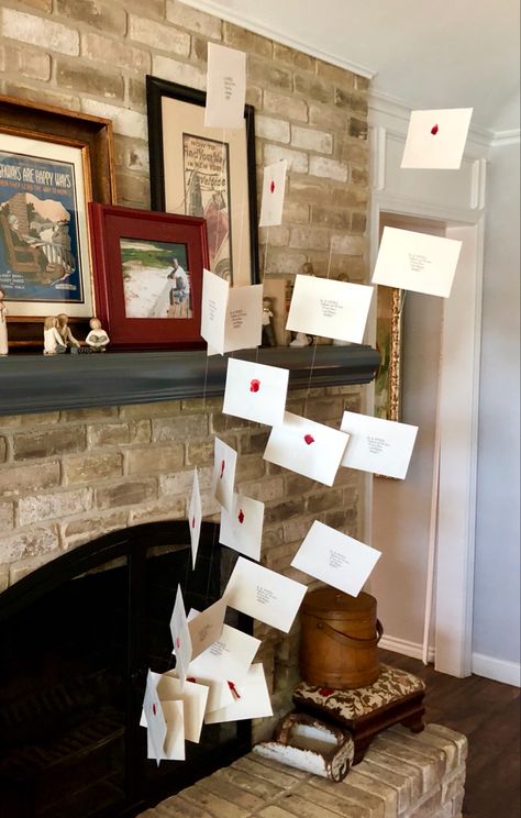 I created letters coming from my fireplace. 1. Found the correct font. 2. Printed empty envelopes with the Hogwarts address. 3. Used a red candle and a penny to seal the backs. 4. Tied fishing line to my fire screen and then used 3m hooks on my ceiling. 5. Attached the envelopes to the fishing line with transparent tape and hot glue. Voila! Big party statement for not a lot of money. I’ll look for links soon. Harry Potter Shower, Harry Potter Bridal Shower, Harry Potter Party Decorations, Harry Potter Christmas Decorations, Hogwarts Party, Harry Potter Theme Birthday, Harry Potter Halloween Party, Cumpleaños Harry Potter, Stile Harry Potter