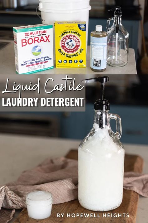 This DIY Laundry Detergent made with liquid castile soap is SO cheap & easy to make with just a few natural ingredients. It's the perfect non-toxic alternative to store-bought detergent! Natural Laundry Detergent Diy, Castile Soap Recipes, Homemade Laundry Detergent Liquid, Laundry Soap Recipe, Diy Detergent, Diy Laundry Soap, Homemade Detergent, Liquid Laundry Soap, Laundry Detergent Recipe