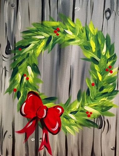 Paint Nite: Holiday Red Bow Wreath Diy Christmas Canvas, Christmas Window Painting, Diy Christmas Paintings, Christmas Canvas Art, Christmas Paintings On Canvas, Christmas Wreaths Diy Easy, Paint Nite, Holiday Painting, Winter Painting