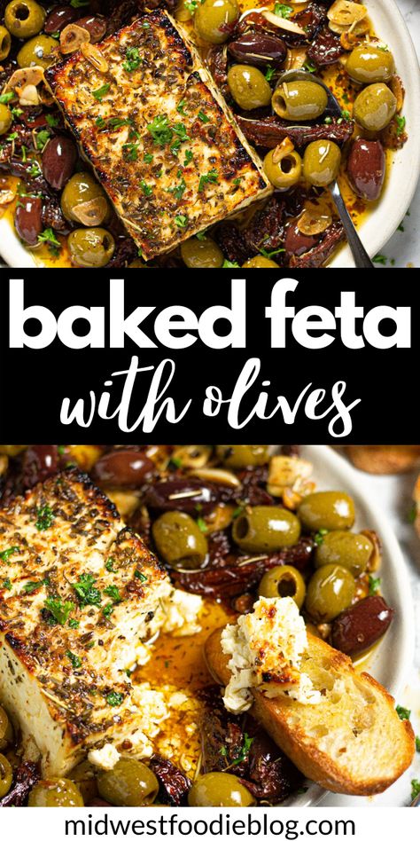 Baked Feta Appetizer, Baked Feta With Olives, Feta With Olives, Crispy Crostini, Feta Appetizer, Baked Feta Recipe, Baked Feta, Feta Recipes, Garlic Olive Oil