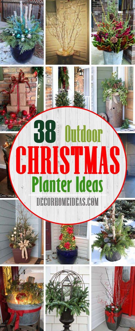 Best Outdoor Holiday Planter Ideas. How to decorate outdoors for Christmas with planters. Best porch planters and pot ideas with evergreen branches, berries & pine cones! #decorhomeideas Natal, Outdoor Christmas Planter Ideas, Christmas Planter Ideas, Outdoor Holiday Planters, Porch Planter Ideas, Outdoor Christmas Planters, Christmas Planter, Christmas Urns, Holiday Planter