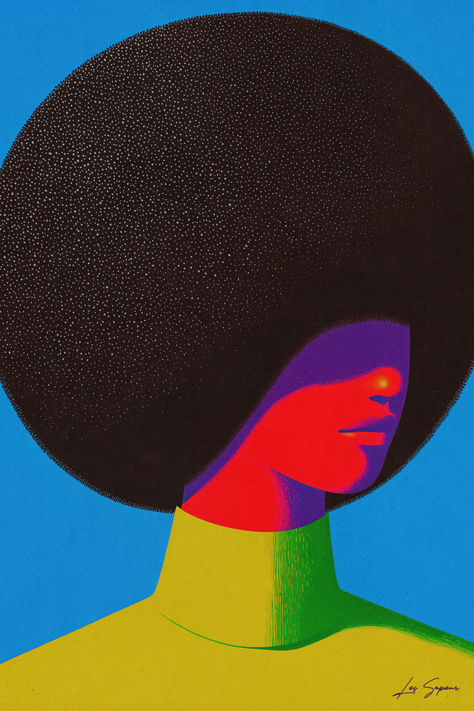 Graphic portrait of a person with a large, textured afro, vibrant red and purple facial tones, and a bright blue and yellow background, embodying Afro Futurism with bold, modern aesthetics. African Illustration Design, Afro Pop Art, Afro Surrealism Art, Afrocentric Art Painting, Afrofuturism Art Illustrations, Postmodernism Art, Afro Futurism Aesthetic, Black Futurism, Afro Futurism Art