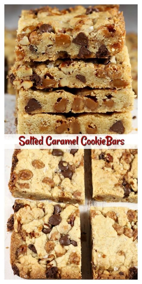 Salted Caramel Cookie Bars {Easy Recipe} - Miss in the Kitchen Salted Caramel Cookie Bars, Bars With Chocolate Chips, Caramel Cookie Bars, Salted Caramel Cookie, Caramel Cookies Bars, Caramel Bites, Cookie Bars Easy, Salted Caramel Cookies, Bites Recipes