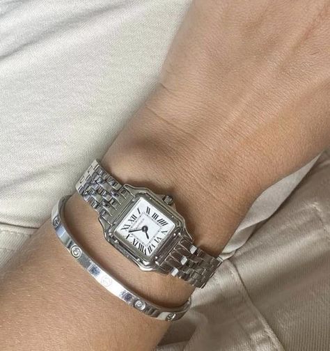 Silver Cartier Bracelet, Cartier Panthere Watch, Panthere Watch, Cartier Diamond Bracelet, Cartier Watches Women, Cartier Diamond, Jewelry Minimal, Silver Watches Women, Cartier Panthere