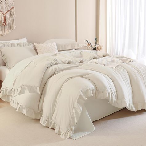 PRICES MAY VARY. 【3 Pieces Beige Comforter Set】Available in ruffle comforter king: 1 ruffled comforter (104x90Inch), 2 pillowcases (20×36Inch); Great gift idea for all your loved ones on special occasions; surprise your friends and family members with this ruffle comforter sets. 【Stylish Ruffled Comforter】Andency ruffled comforter set brings graceful comfort to your bedding. Compared with other normal comforters, our ruffle comforter not only makes the whole bedding look more tasteful and stylis Comforter Sets For Twin Beds, Bed Sets Neutral, Cream Bed Comforter, Cozy Bed Comforters, Full Bed Bedding, White Dorm Comforter, Fluffy White Comforter Aesthetic, Puffy Bedding Comforter, Bed Sheets And Comforters