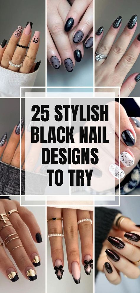 Step into the world of gothic glam with 25 dark and dazzling black nail designs! Embrace sophistication and edge with these bold styles. From chic minimalism to intricate patterns, these designs will elevate your nail game. Try them for an unforgettable glam look! ✨🖤 #BlackNailDesigns #GothicGlam #DazzlingManicure #NailArtInspiration #BeautyTrends #EdgyNails #NailGoals Fall Nails Edgy, Black Sleek Nails, Edgy Manicure Ideas, Black Gel Polish Nail Designs, Nail Art Designs Goth, Black Nails Fall Design, Black Minimalist Nail Designs, Gothic Chic Nails, Gothic Glam Nails