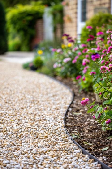 Budget-Friendly Gravel Driveway Edging Ideas Stone Driveway Edging Ideas, Gravel Garden Edging, Driveway On A Budget, Landscaping Driveway Edge, Budget Driveway Ideas, Small Front Driveway Ideas Uk, Brick And Gravel Driveway, Pea Gravel Border Ideas, Extra Parking Ideas Driveway