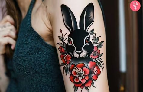 8 Adorable Rabbit Tattoo Designs With Meanings Rikki Tikki Tavi Tattoo, Celtic Rabbit Tattoo, Rabbit Face Tattoo, Year Of Rabbit Tattoo, Rabbit Tattoo Neotraditional, Rabbit Head Tattoo, Fine Line Bunny Tattoo, American Traditional Rabbit, Year Of The Rabbit Tattoo