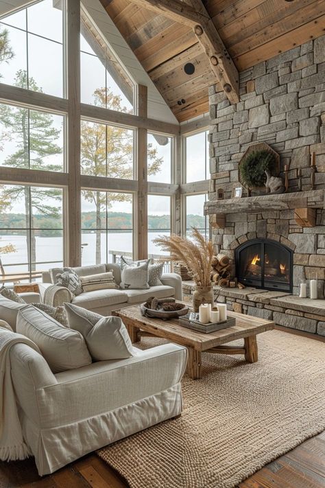 29 Rustic Home Design Ideas to Bring Cozy Charm to Your Space 16 Lake House Great Room Ideas, Lake Houses Interiors, Rustic Lake House Interior, Modern Farmhouse Lake House, Rustic Home Living Room, Modern Lake House Living Room, Lakehouse Renovation, Lakehouse Plans, Lake House Rustic