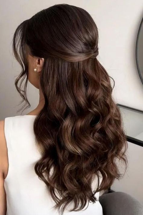 Elegant Half-Up Wavy Hairstyle For Long Hair Half Up Half Down Curly Bridal Hair, Bridal Hair Down Brown, Soft Curls Half Up Half Down, Wedding Hair For Off Shoulder Dress, Medium Length Hair Styles Formal, Graduation Hairstyles With Cap Curls, 8th Grade Prom Hairstyles, Half Up Curled Hairstyles, Half Up Half Down Front View