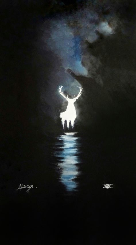 Harry Potter Patronus Wallpaper, Harry Potter Landscape Painting, Harry Potter Fan Art Drawing, Diy Harry Potter Painting, Harry Potter Themed Painting, Harry Potter Inspired Paintings, Harry Potter Artwork Paintings, Patronus Painting, Harry Potter Silhouette Art