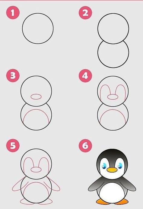 Paint Penguin Easy, Simple Drawing Ideas Easy Step By Step, Draw A Penguin, Easy Steps To Draw, Trin For Trin Tegning, Steps To Draw, Drawing Ideas For Kids, ليلو وستيتش, Penguin Drawing