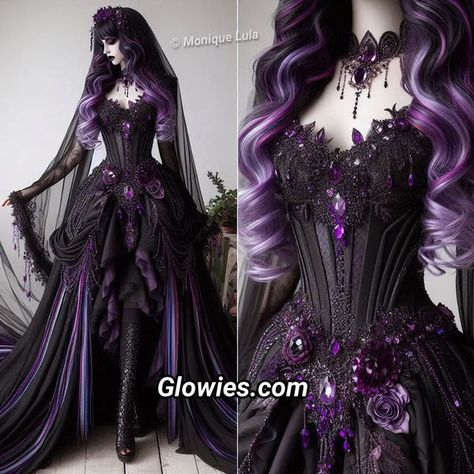 Purple And Black Fantasy Dress, Purple And Black Dress Gowns, Black Purple Wedding Dress, Dark Purple And Black Wedding, Purple And Black Gown, Dark Purple Wedding Dress, Black And Purple Wedding Dress, Purple Gothic Dress, Dark Purple Outfit