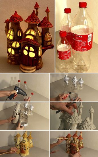 I recycled some Coke plastic bottles into a fairy house lamp. Materials used: plastic bottles, tin foil, paint, hot glue and paper clay. Have fun! Hantverk Diy, Clay Fairy House, House Lamp, Fairy House Diy, Fairy Garden Designs, Fairy Garden Crafts, Clay Fairies, Tanah Liat, Fairy Crafts