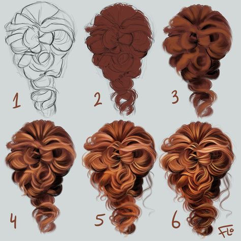 Hair Brush Drawing, How To Draw Hair Step By Step, Drawing Curls, Curls Drawing, How To Draw Curls, Art With Flo, Brushing Hair, Procreate Tips, Digital Painting Techniques