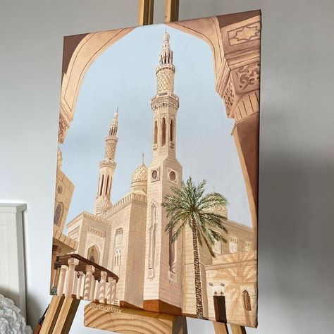 Noori 🕊 shared a post on Instagram: "Jumeriah mosque🕌 Swipe to see the details and some process pictures too👀 Acrylic on canvas. This painting I started in august and left for over 3 months until finally completing it this month. It most definitely took over 50+ hours😅the long gaps meant re mixing paints which changed the tone so I had to go over areas again. My most detailed painting to date so it’s my little baby and will not be for sale☺️ • • • • • • • #jumeirah #jumeirahmosque #isl Islam Canvas Painting, Mosque Art Painting, Arabic Canvas Painting, Architecture Painting Acrylic, Islamic Painting Ideas, Islam Painting, Long Canvas Painting Ideas, Mosque Painting, Painting Islamic Art