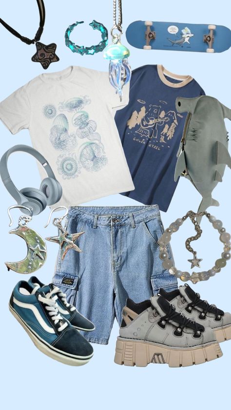 #art #outfitinspo #outfit #inspo #vibes #blue #shark #aesthetic #aestheticcore #oceanboy #blueboy #oceanaesthetic #blueaesthetic #trans #jellyfish Blue Shark Aesthetic, Silly Outfits, Shark Clothes, Silly Clothes, Blue Shark, Funky Outfits, Swaggy Outfits, Really Cute Outfits, Character Outfits