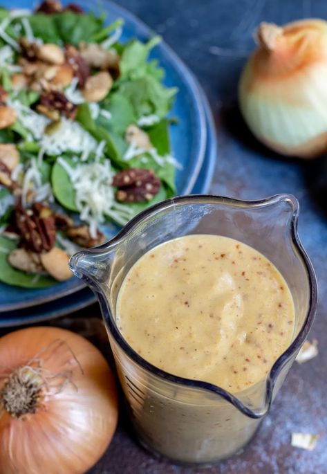 Make this Sweet Onion Dressing Recipe to enjoy on your end of Summer and Fall salads. This tangy vinaigrette dressing starts with caramelized onions making it super flavorful. #dressingrecipes #vinaigretterecipes #saladdressingrecipes #onionrecipes #caramelizedonions #caramelizedonionrecipes Creamy Onion Salad, Sweet Onion Salad Dressing Recipe, Sweet Onion Salad Dressing, Sweet Onion Dressing Recipe, Sweet Onion Salad, Onion Dressing Recipe, Sweet Onion Dressing, Dijon Vinaigrette Dressing, Diy Salad