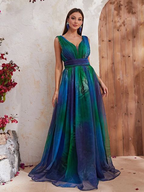 Giffniseti Plunging Neck Ombre Mesh Overlay Formal Dress | SHEIN USA Blue Organza Dress, Boho Wedding Guest Dress, Blue Chiffon Maxi Dress, Mesh Party Dress, Blue Chiffon Dresses, Vacation Dresses Beach, Blue Organza, A Line Maxi Dress, A Line Evening Dress