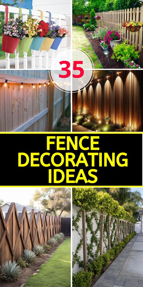 35 Fence Decorating Ideas to Transform Your Backyard into a Stunning Outdoor Oasis - placeideal.com Backyard Fence Decor Wall Art, Fence On Wall Ideas, Backyard Wooden Fence Decorating Ideas, Wood Fence Decor Ideas, Decorating Privacy Fence Ideas, Outdoor Plant Wall Ideas Patio, Garden Fence Decoration Ideas, Wood Fence Decorations, Painting Fences Ideas Backyards