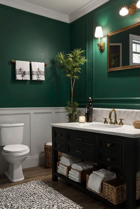 home interior design, interior design space planning, kitchen designs, home paint colors Green Bathroom Black Vanity, Dark Green Paint Bathroom, Green Paint Bathroom Walls, Green And Gold Powder Room, Kelly Green Bathroom, Forest Green Bathroom Ideas, Black And Green Bathroom, Green And Tan Bathroom, Greenblack Sw