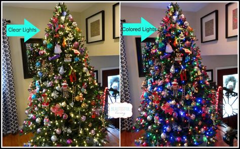 Real Christmas Tree Colored Lights, Christmas Tree Decor With Colored Lights, White Christmas Tree With Multi Colored Lights Decorating Ideas, White And Colored Lights On Tree, Indoor Christmas Decorations Ideas, Multi Colored Light Christmas Tree Ideas, Colored Light Christmas Tree Ideas, Christmas Tree Colored Lights, Christmas Tree With Coloured Lights