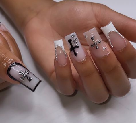 Cute Black Nails With Design, Y2k Cross Nails Acrylic, Junior H Nails Designs, Nails To Match Black And White Dress, Black And White Nails With Cross, Tapered Square Nails With Charms, Cross White Nails, Romeo Santos Nails, Nail Inspo With Cross Charm