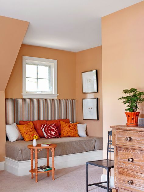 bedroom-orange-colors-70063ff1 Orange Rooms, Bedroom Nook, Room Wall Colors, Living Room Orange, Bedroom Orange, Small Bedroom Decor, Orange Walls, Styl Boho, Living Room Colors