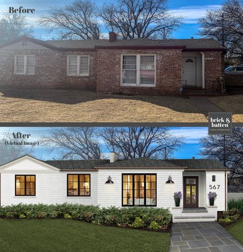 20 Painted Brick Houses to Inspire You in 2020 | Blog | brick&batten Renovation Facade, Painted Brick Exteriors, Ranch House Remodel, Exterior House Renovation, Brick Houses, Architecture Renovation, Ranch House Exterior, Painted Brick House, House Makeovers