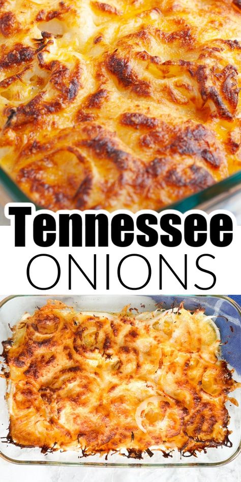 This Tennessee onions recipe is so simple but tastes amazing!!! This side dish recipe is one that everyone will want again and again. Onions, seasonings, and cheese and layered in a baking sheet and baked to golden brown perfection. Baked Onion Recipes, What To Do With Onions, Tator Tots Recipes Side Dishes, Texas Onions, Tennessee Onions Recipe, Sides For Sliders, Supper Side Dishes, Cheesy Onions, Side Dishes For Steak Dinner