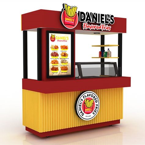 French fries street food cart outdoor fast food booth design French Fries Business Ideas, Burger Stall Design, Fast Food Shop Design, Katti Roll, Food Cart Design Ideas, Food Booth Design, Booth Design Food, Street Food Cart, French Fries Design