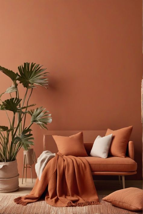 Terracotta, Colors, Warmth, Home Terracotta Wall Painting, Neutral Apartment Paint Colors, Natural Woodwork With Painted Walls, Living Room Designs Wall Paint, Plant Room Wall Color, Terra Cotta Furniture, Dulux Terracotta Paint, Valspar Terracotta, Terracotta Wainscoting