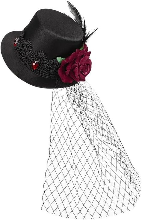 Vintage Rose Fascinator Hat Small Top Hat with Veil Feather Hair Clip Flower Decor Gothic Headwear for Halloween Carvinal at Amazon Women’s Clothing store Top Hat With Veil, Small Top Hat, Rose Fascinator, Rose Veil, Hat Veil, Oc Things, Hat With Veil, Hair Clip Flower, Feather Hair Clips