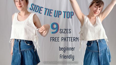 Side Tie Tank Top Sewing for Beginners | Free Pattern in 9 Sizes - Sparrow Refashion: A Blog for Sewing Lovers and DIY Enthusiasts Top Sewing Tutorial, Tank Top Tutorial, Tank Top Sewing, Tank Top Sewing Pattern, Tie Tank Top, Clothing Pattern Design, Tie Up Top, Diy Tops, Top Sewing