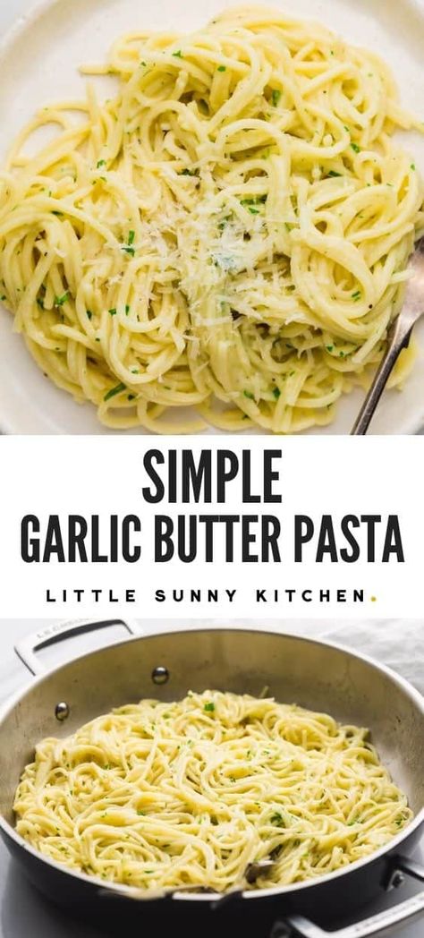 Plain spaghetti is smothered in a decadent butter garlic sauce, then topped with freshly grated parmesan and parsley. Simple and perfect garlic butter pasta in just 20 minutes! #garlicbutterpasta #butteredpasta #simplepasta Simple Noodles Recipes Garlic Butter, Garlic Butter Spaghetti Noodles, Spaghetti Butter Garlic Sauce, Butter Garlic Spaghetti, Chicken Pasta Recipes Easy Quick Dinner Garlic Butter, Easy Garlic Pasta Recipes, Plain Spaghetti Recipes, Butter And Garlic Pasta, Plain Noodle Recipes