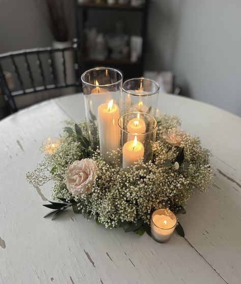 Candle Flower Table Decor, Wedding Front Table Decorations, Diy Table Centrepiece Wedding, Wedding Centerpiece Circle Table, Simple Wedding Centerpieces Flowers, Candles And Baby’s Breath Centerpieces, Nikkah Centerpieces, Wedding Centrepiece Round Table, Engagement Centerpiece Ideas