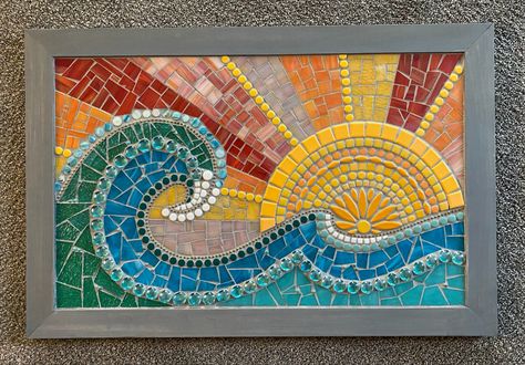 15" x 24" #mosaicsun #mosaicwaves Wave Mosaic Art, Waves Mosaic Art, Mosaic Tiles Art Ideas, Ocean Mosaic Art, Geometric Mosaic Art, Sun Mosaic Art, Modern Mosaic Art Patterns, Mosaic Art Beginners, Beach Mosaic Patterns