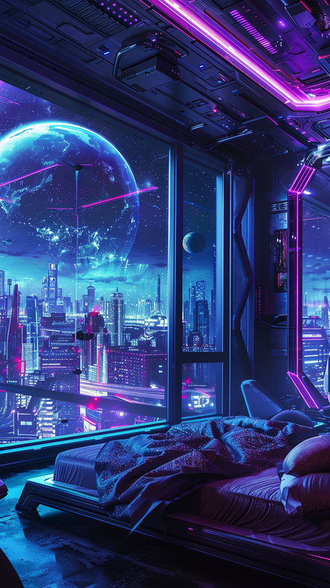 Neon City Futuristic, Cyberpunk Office Design, Cyberpunk Space Aesthetic, Futuristic City Cyberpunk, Cyberpunk Bedroom Aesthetic, Space Station Aesthetic, Bedroom Cyberpunk, 80s Cyberpunk Aesthetic, Cyberpunk Furniture