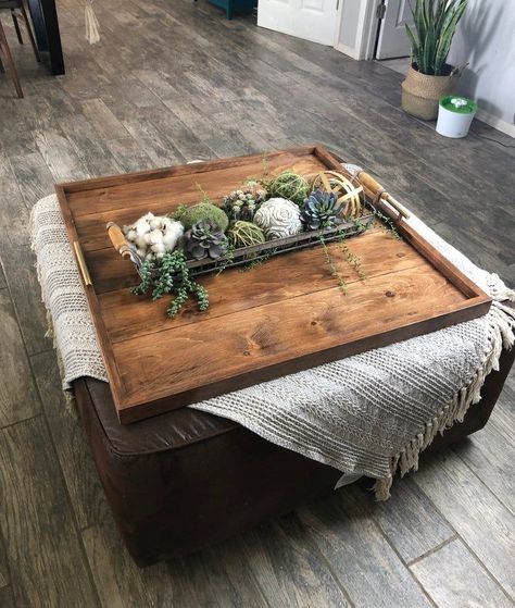 Tray On Ottoman, Ottoman Tray Ideas, Ottoman Tray Decor Ideas, Large Tray For Ottoman, Ottoman Tray Decor, 1800s Decor, Ottoman Coffee Table Decor, Wooden Ottoman Tray, Large Ottoman Tray