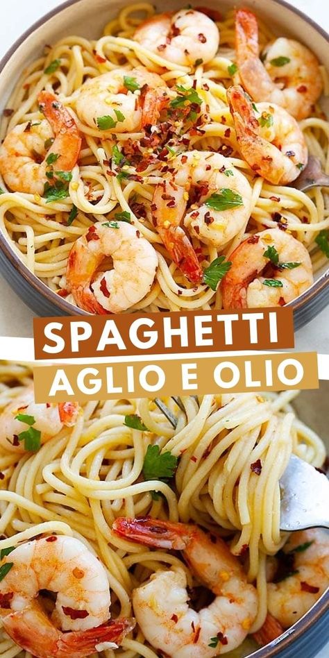 Aglio E Olio Recipe, Pasta Aglio E Olio, Pasta With Shrimp, Spaghetti Aglio E Olio, Delicious Spaghetti, Resep Pasta, Olive Oil Pasta, Garlic Shrimp Pasta, Spaghetti Aglio