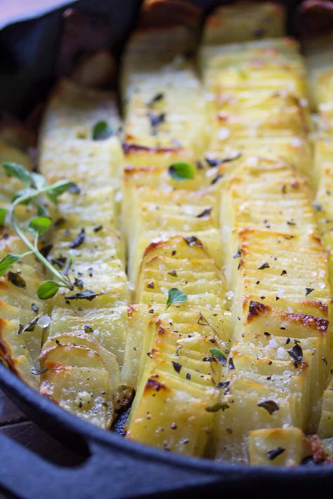 Impress your guests with this simple but elegant domino potatoes recipe! Slice them thinly on a mandoline, brush with some butter, and bake up in a skillet! Domino Potatoes, Sweet Peas And Saffron, Potato Side Dishes, Sweet Peas, Potato Dishes, Veggie Sides, Veggie Dishes, Vegetable Dishes, Potato Recipes